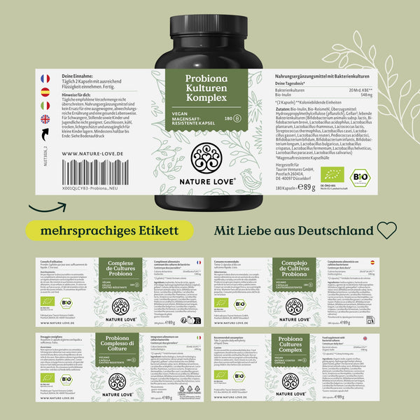 Nature Love Probiotika Kapseln vegan – 180 magensaftresistente Kapseln mit 300 Mrd. KBE/g, Lactobacillus & Bifidobakterien für 20 Mrd. KBE/Tag, 3 Monate Versorgung - Bodyshop-fit
