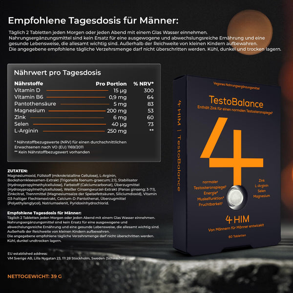4 HIM TestoBalance für Männer - Normaler Testosteronspiegel, Energie und Muskelfunktion mit Zink, Magnesium, B6 Complex, L-Arginin, Ginseng und Selen - 60 Vegane Tabletten - Bodyshop-fit