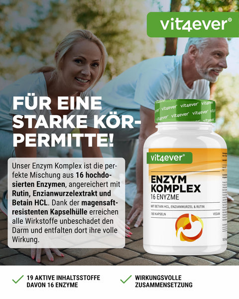 vit4ever Verdauungsenzyme - 180 Kapseln mit 16 Enzyme plus Betain HCL, Rutin & Enzianwurzel - Mit Bromelain, Papain, Amylase, Lipase, Protease, Laktase - Vegan - Hochdosiert
