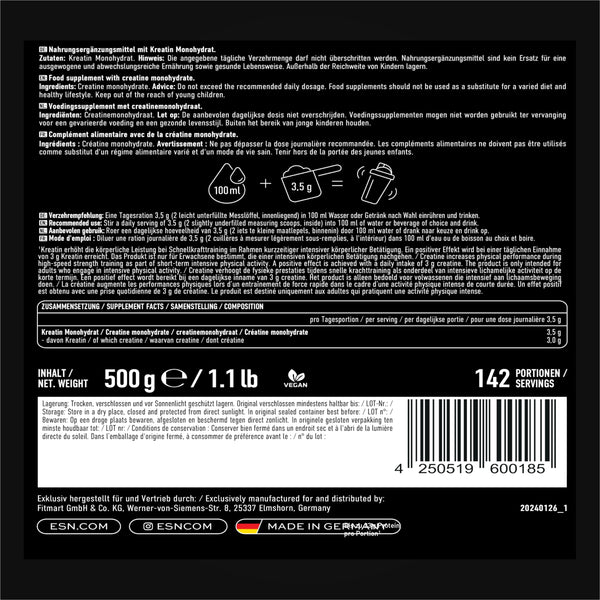 ESN Ultrapure Creatine Monohydrate, 500 g, 142 Portionen, mikrofein und perfekt löslich - made in Germany (Verpackung kann variieren)