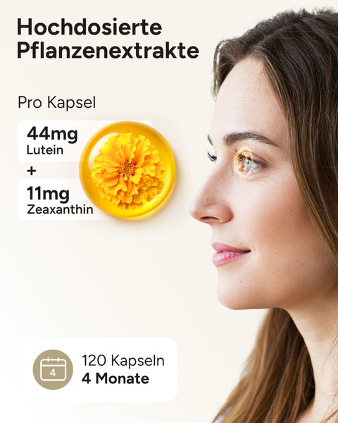 Lutein Zeaxanthin Kapseln - Augenvitamine hochdosiert mit 44mg Lutein + 11mg Zeaxanthin + 11mg Beta Carotin - 4 Monatsvorrat Augen Kapseln - Weitblick - Bodyshop-fit