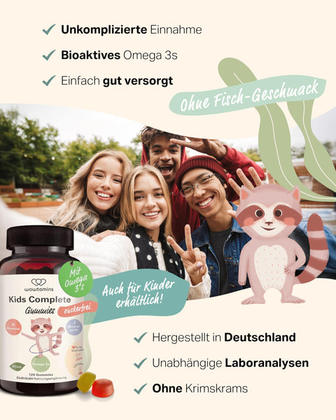 Zuckerfreie Multivitamin Gummies für Jugendliche - wowtamins Teens Complete (30-Tage-Vorrat) mit Omega 3, Vitamin C, D3, B12, Zink & mehr - Bodyshop-fit