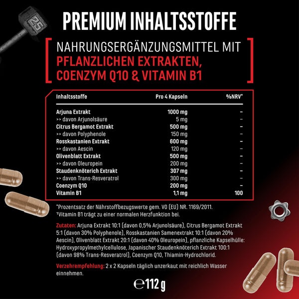 Heart Essentials - 120 Kapseln - Herz Komplex* mit hochdosierten 200mg Q10, 1000mg Arjuna Extrakt, 750mg Citrus Bergamot, Rosskastanien, Resveratrol, Olivenblatt, Vitamin B1 - Vegan