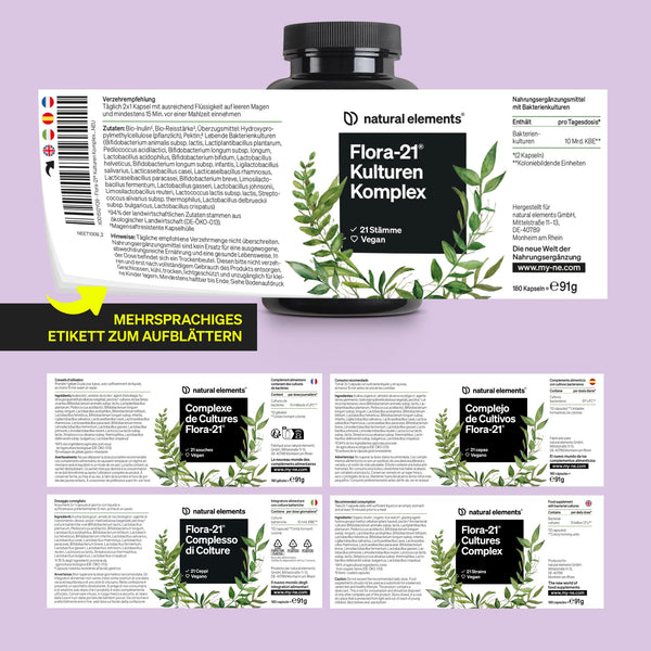 natural elements Flora 21® Kulturen Komplex – 21 Bakterienstämme + Bio Inulin – 180 magensaftresistente Kapseln – Laborgeprüft, vegan, hochdosiert und in Deutschland produziert
