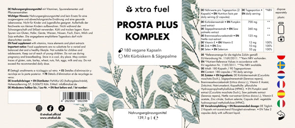 Prosta Plus Komplex - 180 Prostata Kapseln hochdosiert - einzigartige Formel aus Kürbiskern-, Sägepalmen-, Brennnesselwurzelextrakt mit Zink, Vitamin E & Selen - geprüfte Prostata Komplex Kapseln