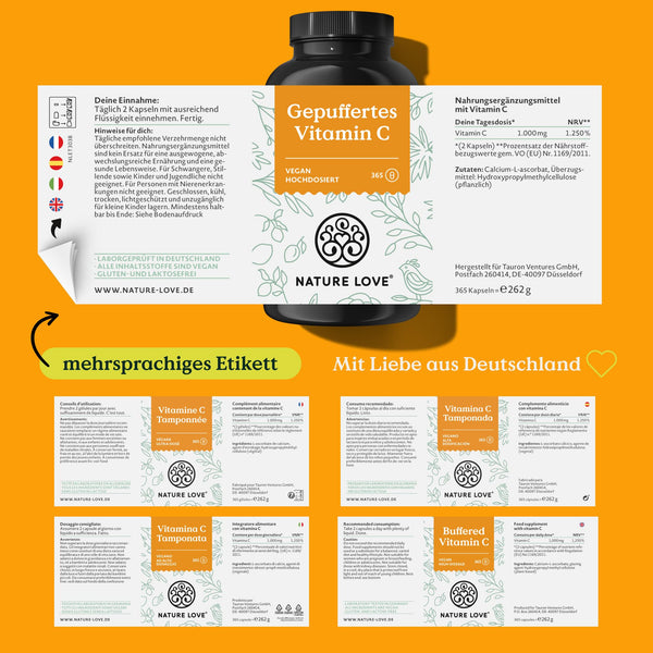 NATURE LOVE® Gepuffertes Vitamin C - Hochdosiert mit 1000mg Vitamin C je Tagesdosis - 365 Kapseln - pH-neutral & gut verträglich - Vegan