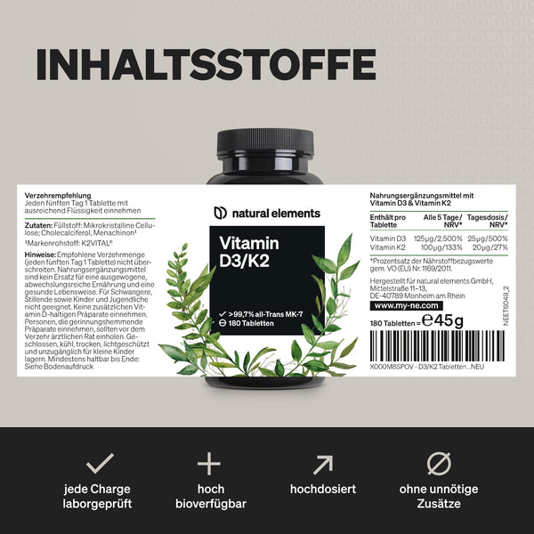 Vitamin D3 K2 Depot hochdosiert – 180 Tabletten Premium-Qualität mit K2VITAL® von Kappa – 5000 IE Vitamin D3 + 99,7+% All-Trans K2-MK7 - Bodyshop-fit