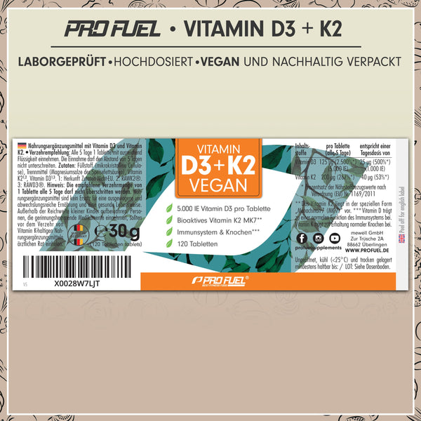 Vitamin D3 K2 Vegan Hochdosiert - 120 Tabletten mit 5000 IE D3 und 200 mcg K2 (MK7) - Laborgeprüft für 19 Monate - Bodyshop-fit
