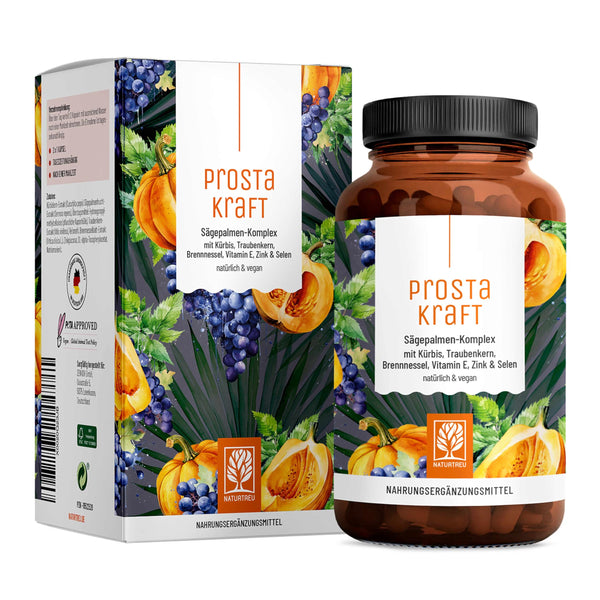 NATURTREU® Prostakraft - 120 vegane Kapseln hochdosiert mit Sägepalmenextrakt (301 mg), Brennnessel, Kürbiskern mit Vitamin E, Zink, Selen - 2 Monatsvorrat