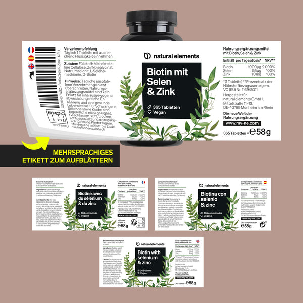 natural elements Biotin + Selen + Zink für Haut, Haare & Nägel - 365 vegane Tabletten - Ohne Magnesiumstearat, laborgeprüft