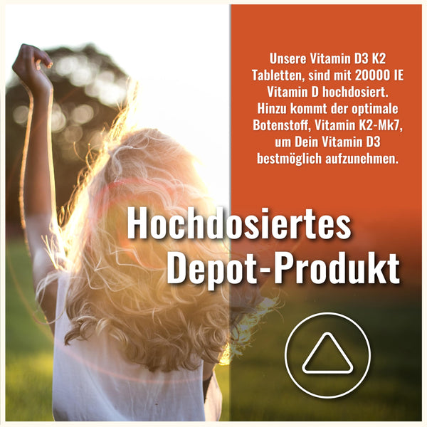 Vitamin D3 K2 hochdosiert Tabletten - 200 Stück - 20000 IE D3 + 200µg K2-Mk7 - Vegetarisch - Hochdosiertes Depot - Bodyshop-fit
