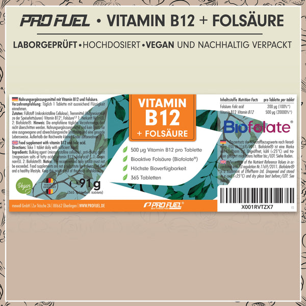 VITAMIN B12 hochdosiert 500 µg - 365 vegane Tabletten mit Biofolate® Folsäure, laborgeprüft - Bodyshop-fit
