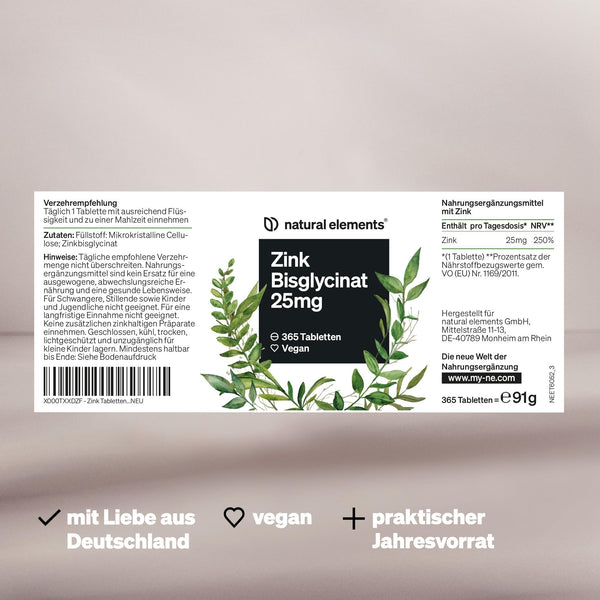 natural elements Zink 25mg – 365 Tabletten – gut verträgliches Zinkbisglycinat (Zink-Chelat) – vegan, hochdosiert, ohne unnötige Zusätze – in Deutschland produziert & laborgeprüft