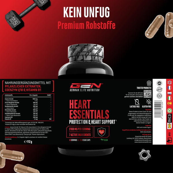 Heart Essentials - 120 Kapseln - Herz Komplex* mit hochdosierten 200mg Q10, 1000mg Arjuna Extrakt, 750mg Citrus Bergamot, Rosskastanien, Resveratrol, Olivenblatt, Vitamin B1 - Vegan