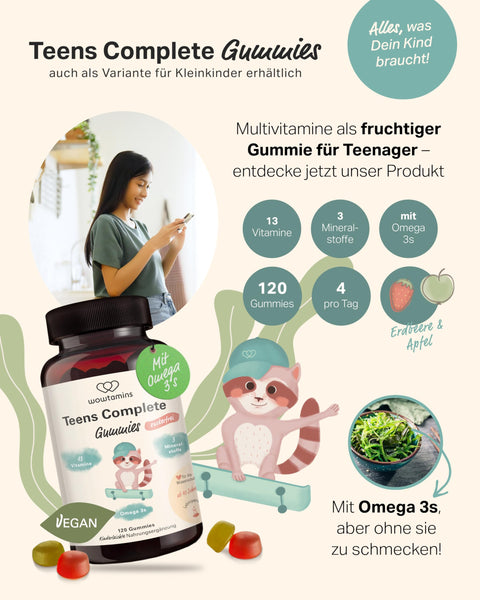 Zuckerfreie Multivitamin Gummies für Jugendliche - wowtamins Teens Complete (30-Tage-Vorrat) mit Omega 3, Vitamin C, D3, B12, Zink & mehr - Bodyshop-fit