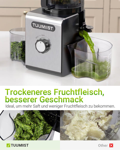 150mm XXL-Entsafter, TUUMIIST Großkalibriger Entsafter Testsieger für Obst & Gemüse, 3L Füllvolumen Für Familie – 99% Saftausbeute, BPA-frei, REV Anti-Blockier-System + Ein-Klick-Reinigung, Schwarz