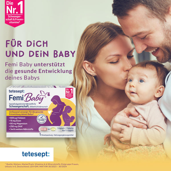 tetesept Femi Baby – 16 Nährstoffe für Kinderwunsch, Schwangerschaft & Stillzeit – mit Folsäure, Eisen, Jod + DHA – 1 x Monatspackung à 30 Tabletten + 30 Kapseln NEU