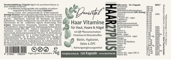 Haar-Vitamine Testnote SEHR GUT - 27 Wirkstoffe - Hochdosiert Biotin Zink Selen zum Erhalt normaler Haare. Hyaluron Hirseextrakt alle B-Vitamine. 120 Kapseln für Frauen, Männer & Bart - Vegan