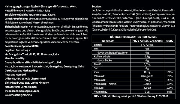 MaxAlpha Ginseng- & Pflanzenextrakt-Kapseln – 8 Stück | Nahrungsergänzung für Männer | Mit Maca, Ginseng, Rhodiola, Astragalus & Traubenkernextrakt
