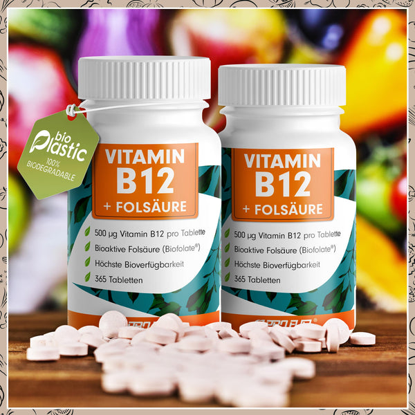 VITAMIN B12 hochdosiert 500 µg - 365 vegane Tabletten mit Biofolate® Folsäure, laborgeprüft - Bodyshop-fit