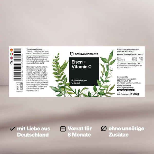 natural elements Eisen mit 40mg natürlichem Vitamin C – 240 vegane Eisentabletten – mit natürlichem Vitamin C aus Acerola – Chelat-Komplex (Eisenbisglycinat) – hochdosiert, ohne unnötige Zusätze