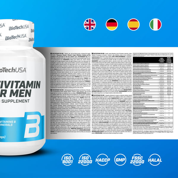 BioTechUSA Multivitamin For Men - Umfassende Unterstützung für aktive Männer | 38 Wirkstoffe | Energie, Immun- und Muskelunterstützung | Antioxidantienschutz, 60 Tabletten