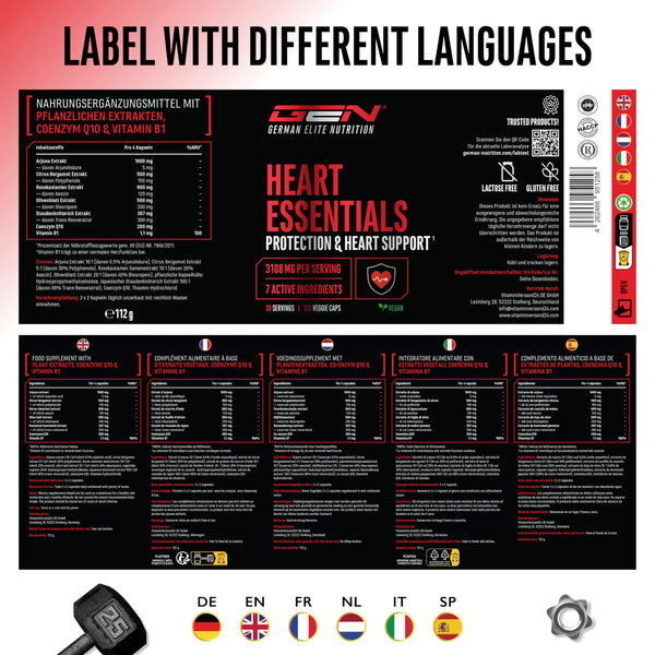 Heart Essentials - 120 Kapseln - Herz Komplex* mit hochdosierten 200mg Q10, 1000mg Arjuna Extrakt, 750mg Citrus Bergamot, Rosskastanien, Resveratrol, Olivenblatt, Vitamin B1 - Vegan