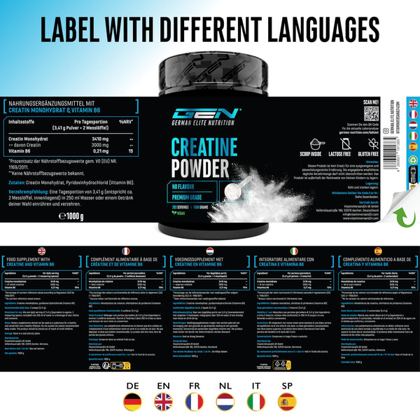 Creatin Pulver - 1kg / 1000 g - Creatine Monohydrat Pulver - Optimale Löslichkeit & mikrofein - Vegan - 293 Anwendungen - German Elite Nutrition