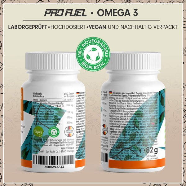 Omega-3 vegan Kapseln 60x - 2000 mg Algenöl pro Tag - hochdosiert: 600 mg DHA + 300 mg EPA - hochwertige Omega-3 Algenöl Kapseln mit DHA & EPA (2:1)
