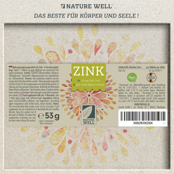 Zinkbisglycinat 25mg vegan - 3x365 Tabletten für höchste Bioverfügbarkeit, laborgeprüftes Zink, hochdosiert im XXL-Vorratspack - NatureWell - Bodyshop-fit