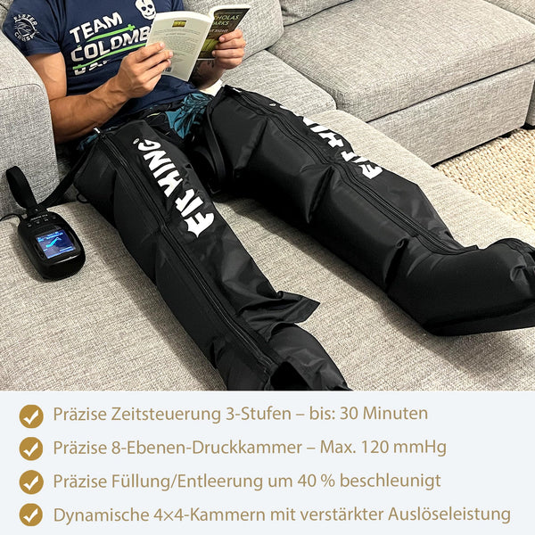 FIT KING Beinmassagegerät mit Luftkompression für Fuß, Waden und Oberschenkel - 4 Massagezonen, 3 Modi & 8 Intensitätsstufen zur optimalen Muskelentspannung nach dem Sport - Bodyshop-fit