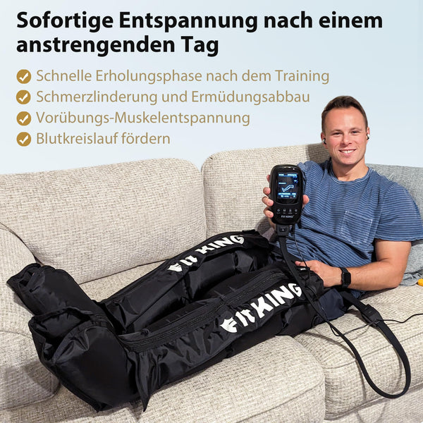 FIT KING Beinmassagegerät mit Luftkompression für Fuß, Waden und Oberschenkel - 4 Massagezonen, 3 Modi & 8 Intensitätsstufen zur optimalen Muskelentspannung nach dem Sport - Bodyshop-fit