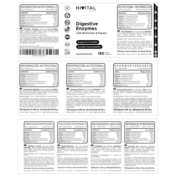 Verdauungsenzyme. 180 vegane Kapseln für eine 6-monatige Kur. Amylase, Protease, Laktase, Lipase, Cellulase, Bromelain und Papain. Hergestellt von HIVITAL