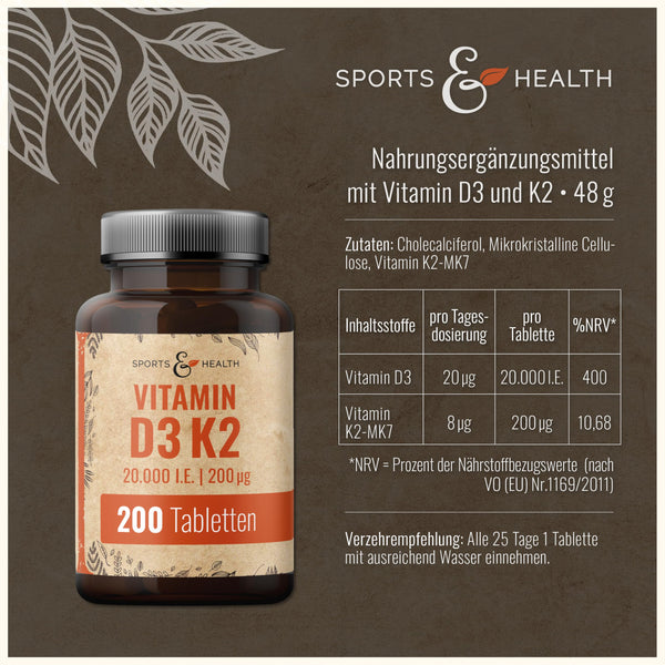 Vitamin D3 K2 hochdosiert Tabletten - 200 Stück - 20000 IE D3 + 200µg K2-Mk7 - Vegetarisch - Hochdosiertes Depot - Bodyshop-fit