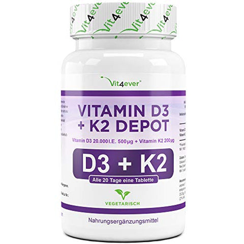 Vitamin D3 20.000 I.E + Vitamin K2 200 mcg Menaquinon MK7 Depot - 180 Tabletten - 99+% All-Trans (K2VITAL® von Kappa) - Laborgeprüft - Vegetarisch - Hochdosiert - Premium Qualität