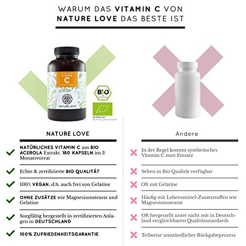 Natürliches Vitamin C in Bio Qualität - Vergleichssieger 2020* - 180 Kapseln - Aus Bio Acerola Extrakt - Hoch bioverfügbar, laborgeprüft, vegan und hergestellt in Deutschland