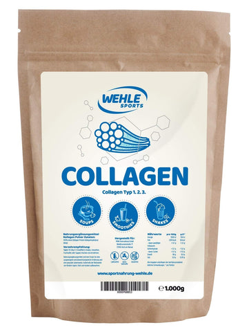 Collagen Pulver 1kg - Kollagen Hydrolysat Peptide - Eiweiß-Pulver Geschmacksneutral - Wehle Sports - Made in Germany Kollagen Typ 1 2 3 Lift Drink