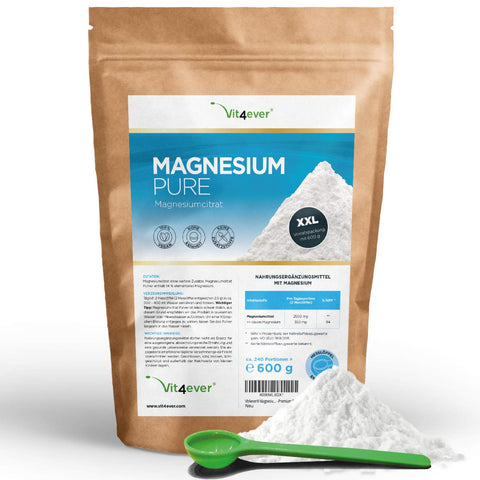 Vit4ever® Magnesium Pure - 600 g Pulver - 100% Magnesiumcitrat - Laborgeprüfter Magnesiumgehalt - Reines Pulver ohne Zusätze - Vegan