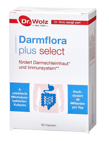 Darmflora plus select Dr. Wolz | hochdosierte Bakterienkulturen 48 Mrd/Tag | Vitamin B6 und B12, unterstützt gesunde Schleimhäute | 8 Milchsäurebakterien | Vegan | 80 Kapseln