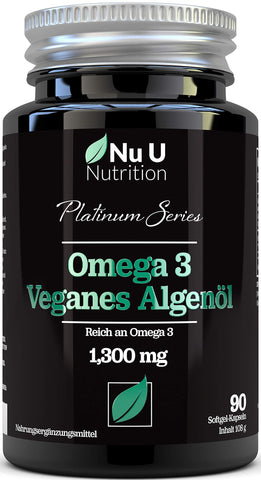 Vegan Omega 3 Algenöl mit Vitamin E - 1300 mg - Veganes DHA aus Meeresalgenöl - 90 Omega 3 Algenöl Softgelkapseln - Vegan und Vegetarisches Omega 3